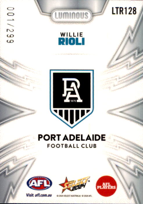 Willie Rioli, #001, LTR128, Luminous Thunderbolt Refractor, 2024 Select AFL Footy Stars