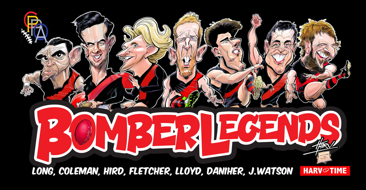 Essendon Bombers Player Legends Caricature Stubby Holders. Art by HarvTime.