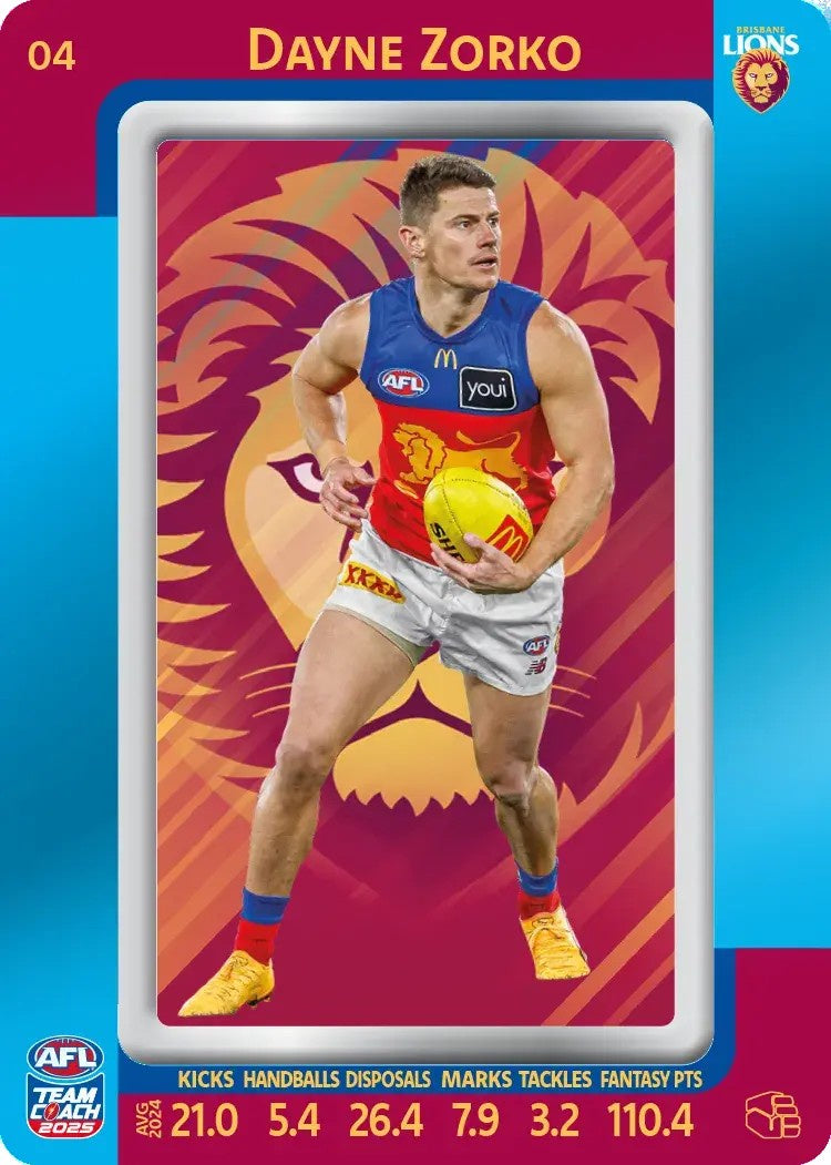 Dayne Zorko, #04, Blue Parallel, 2025 Teamcoach AFL
