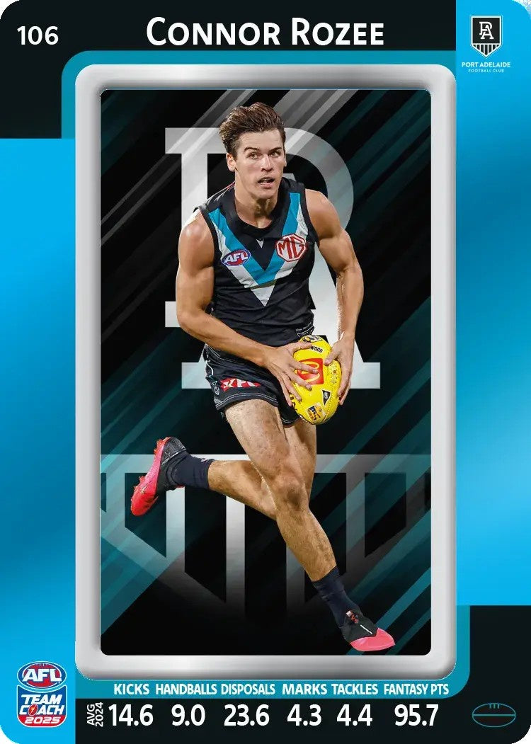 Connor Rozee, #106, Blue Parallel, 2025 Teamcoach AFL