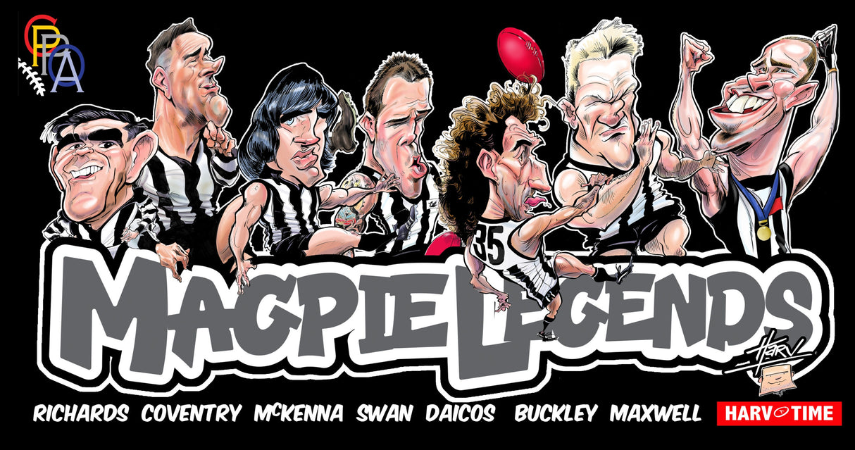 Collingwood Magpies Player Legends Caricature Stubby Holders. Art by HarvTime.