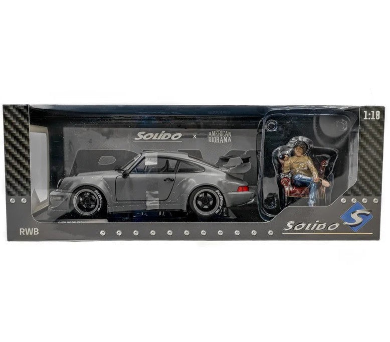 2024 Porsche RWB Body Kit Nargo Grey w/Akira Nakai Figure, 1:18 Scale Diecast Car