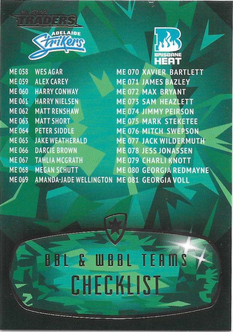 Checklist ME155, Emerald Mojo, 2022-23 TLA Traders Cricket Australia & BBL Trading Cards