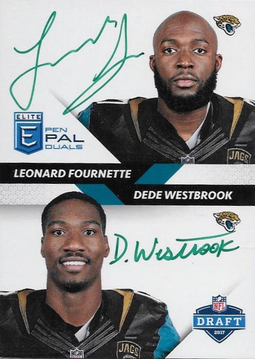 Leonard Fournette, Dede Westbrook, Pen Pals Dual Green Auto, 2017 Donruss Elite NFL
