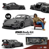2024 Porsche RWB Body Kit Nargo Grey w/Akira Nakai Figure, 1:18 Scale Diecast Car