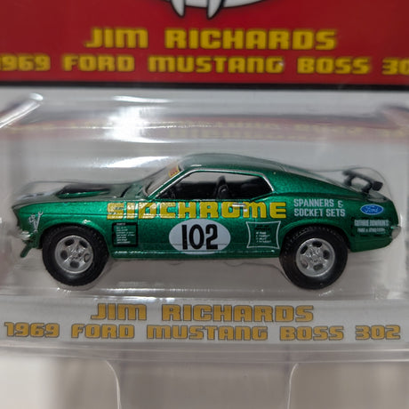 CHASE VERSION: Green Machine, 1969 Ford Mustang Boss 302 #102, Jim Richards Sidchrome Racing, 1:64 Diecast Vehicle