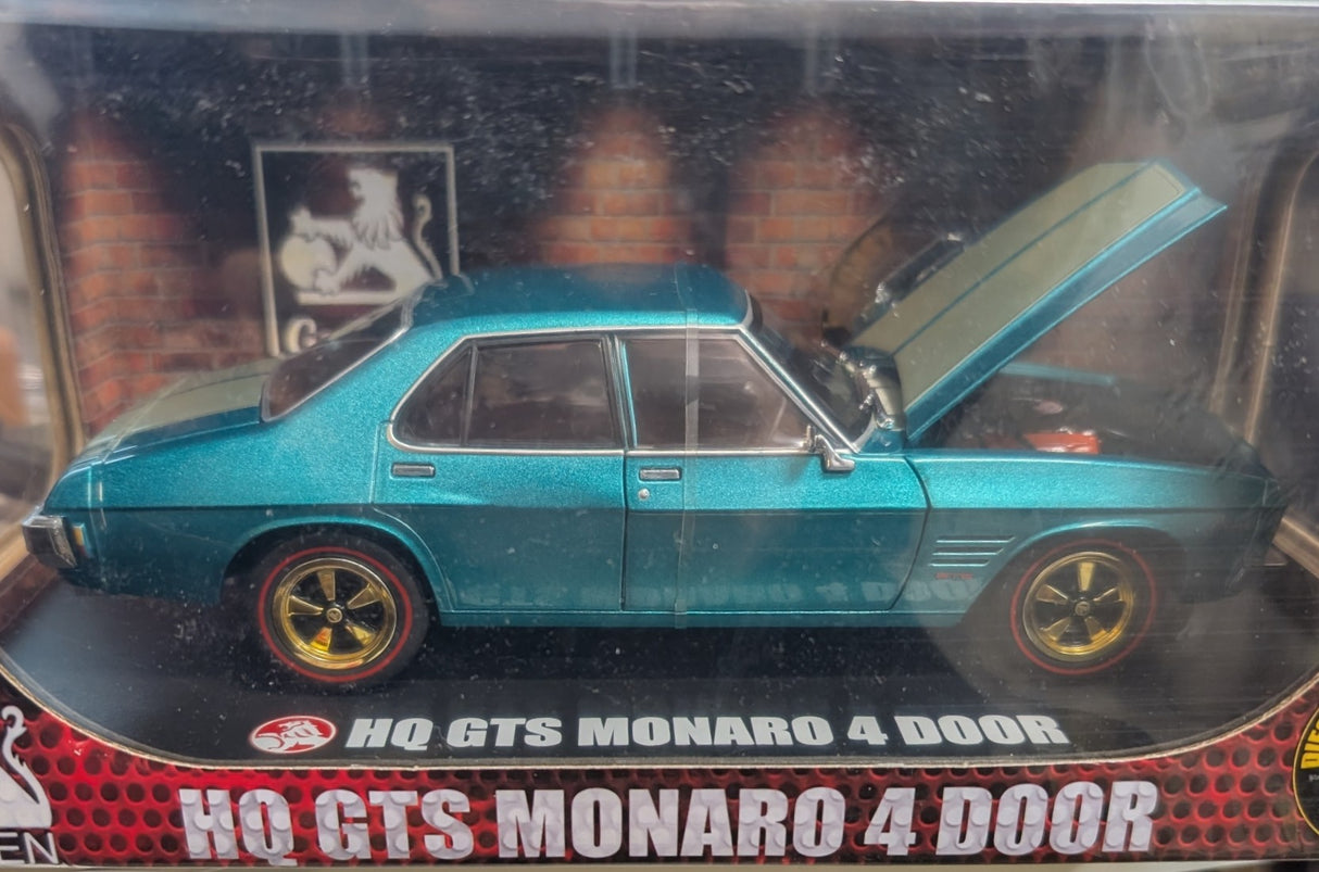 GOLD RIMS: Turquoise Holden HQ GTS 4 Door Monaro, 308 GTS, 1:24 Diecast Car